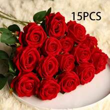 1/5/8/10/12/15/16/20/22支 20英吋人造紅玫瑰仿真花，逼真絲絨假花，新娘花束，花卉裝飾，情人節禮物，婚禮派對，家居裝飾，生日禮物，戶外裝飾，花瓶裝飾（購買須知：可能含有氣味，請先通風一段時間） - 紅色 - 查看 17
