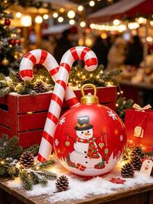3pcs/Set PVC Inflatable Christmas Ball, Inflatable Candy Cane And Candy Cane Set, Includes Large Red Decorative Balloon, Suitable For Christmas Scene Decoration, Christmas Party, Christmas Atmosphere Arrangement And Photo Props - Multicolor - View 1