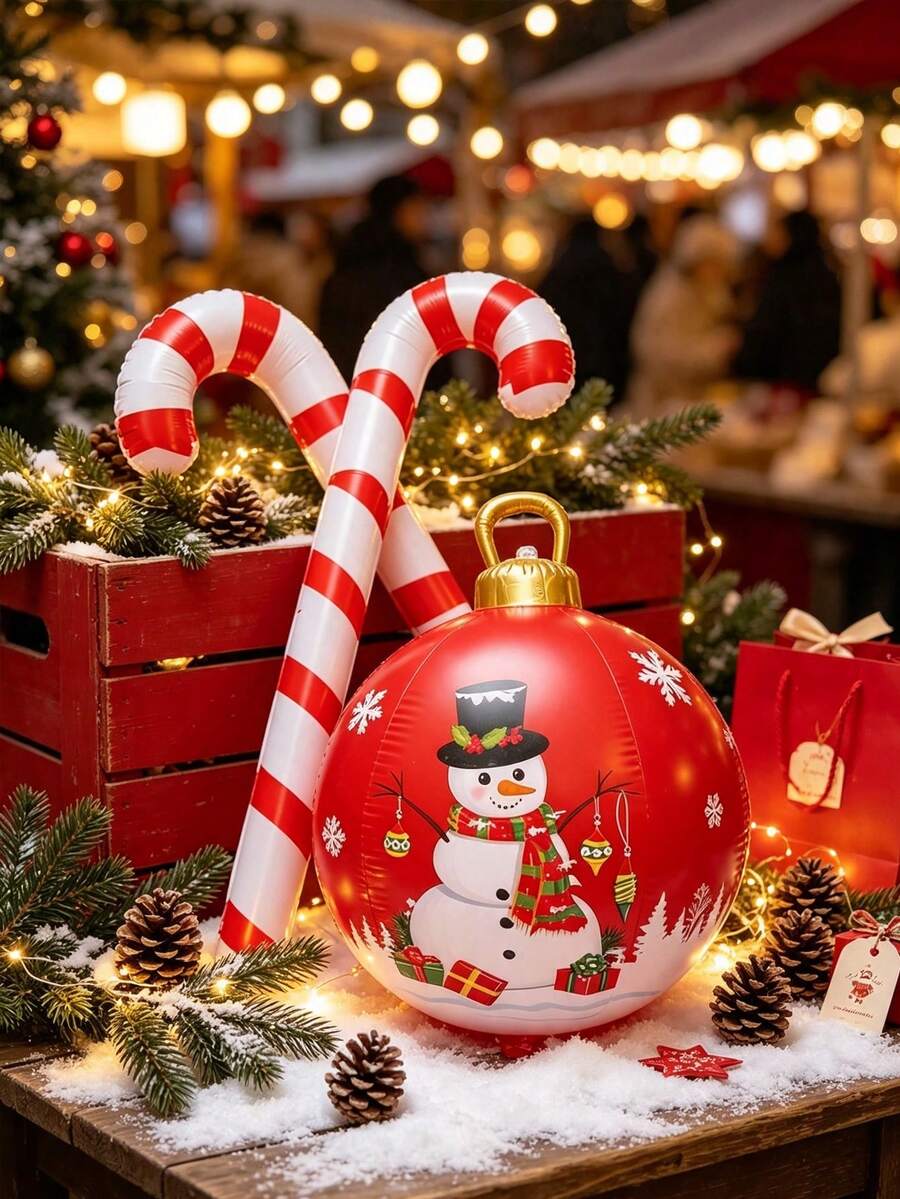 3pcs/Set PVC Inflatable Christmas Ball, Inflatable Candy Cane And Candy Cane Set, Includes Large Red Decorative Balloon, Suitable For Christmas Scene Decoration, Christmas Party, Christmas Atmosphere Arrangement And Photo Props - Multicolor - View 1