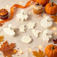 4pcs Pumpkin Haunted House Ghost Magic Hat (Beige Cookie Stamp) Halloween Spring Press Cookie Mold Set, Shaped Cookie Cutter For Home DIY Fondant Cookie Press, Holiday Baking Tool, Handmade Cartoon 3D Cookie Stamp Cake Decoration Small Tool - View 2