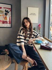 女款新款秋季拼色條紋針織上衣，休閒日常通勤學院風 - 白杏拼黑色 - 查看 7