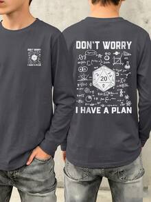 1pc Tween Boys Long Sleeve T-Shirt, Fun Dice & Math/Science Formula Print, Unisex Student Loose Casual Base Layer Top - Dark Grey - View 2