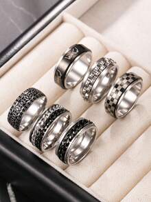 6pcs/Set Men's Stainless Steel Rings, Gothic Style Vintage Jewelry, Rotating Stress Relief Rings, Chain Gear Rings, Hand-In-Hand Pattern Rings, Suitable For Halloween Gifts, Stress Relief And Boredom - Silver - View 1