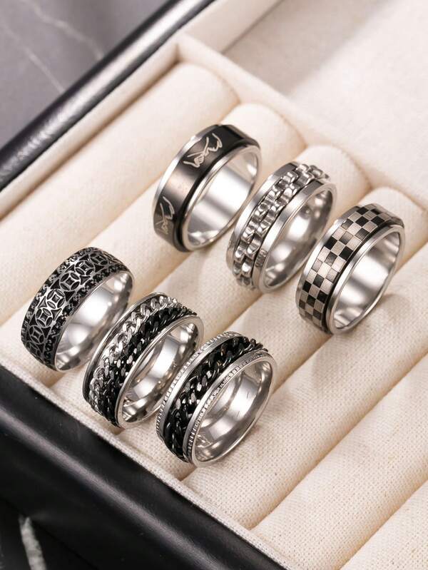 6pcs/Set Men's Stainless Steel Rings, Gothic Style Vintage Jewelry, Rotating Stress Relief Rings, Chain Gear Rings, Hand-In-Hand Pattern Rings, Suitable For Halloween Gifts, Stress Relief And Boredom