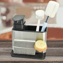 Multi-Functional Kitchen Sink Organizer With Soap Dispenser Pump, Stainless Steel Sink Countertop Storage Rack, Can Hold Sponges, Cleaning Brushes, Steel Wool And Dishwashing Accessories, Draining Base Design To Avoid Water Accumulation, Space-Saving Kitchen Sink Storage Bracket - Multicolor - View 13