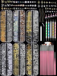 6Box Nail Art Decorations Kit, Flatback Resin Nail Rhinestones, Metal Nail Charms, Studs, Chains, Pearls With Dotting Tools Nail Brushes, Complete Nail Decor Accessories For DIY Manicure Crafts - Multicolor - View 1