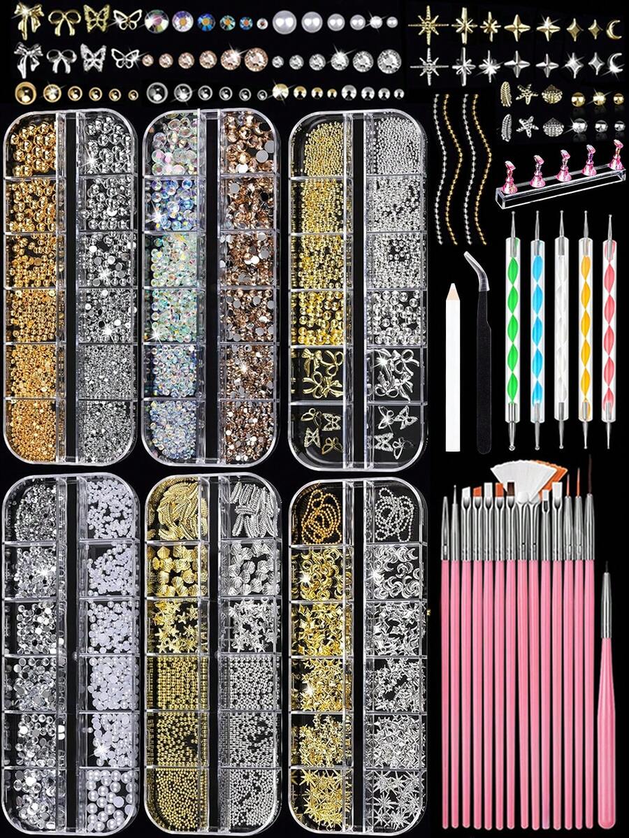 6Box Nail Art Decorations Kit, Flatback Resin Nail Rhinestones, Metal Nail Charms, Studs, Chains, Pearls With Dotting Tools Nail Brushes, Complete Nail Decor Accessories For DIY Manicure Crafts - Multicolor - View 1