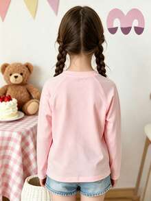 Girls Cotton Raglan Long Sleeve T-Shirt For Fall Winter, Cartoon Birthday Theme With Number 12 And Cake Print, Cute Sweet Schoolgirl Style - Baby Pink - View 4