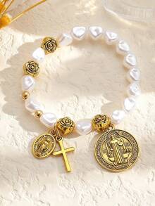 1pc Beaded Flower Cross Virgin Mary Charm Bracelet, Fashionable Vintage Style, Suitable For Daily Wear, Jewelry Gift - Cross Bracelet 1 - View 2
