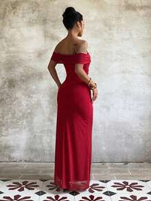 Autumn Solid Color Mesh Off-Shoulder Slit Dress, Elegant Dress For Party And Date - Burgundy - View 2