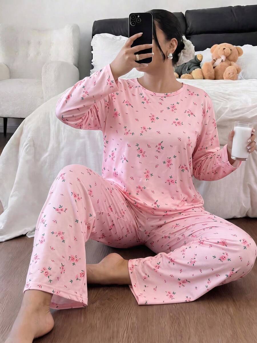 Women's Plus Size Pajama Set, Floral Print, Long Sleeve Long Pants Loungewear Set, Autumn/Winter Clothing - Pink - View 1