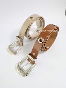 2.5CM Women's Belt With Metal Eyelets Boho Summer Gift - 米色+棕色 - 查看 2