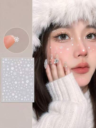 1 Sheet White Snowflake Face Decorative Stickers, Self-Adhesive No Glue Needed, Winter Atmosphere Eye And Cheek Makeup Stickers, Mixed Size Snowflake Design Makeup Stickers, Suitable For Christmas Party, Music Festival, Cosplay, Stage Performance, Photography, Can Be Applied To Eyes, Cheeks, Forehead, Also Can Decorate Nails, Firm Adhesion And Not Easy To Fall Off, Creative Makeup Accessory, Create Cold Ice And Snow Feeling Delicate Makeup Look