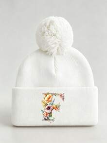 1pc Baby Beanies Boy Girls White Pom-Pom Cap With A-Z Letter Colorful Floral Hat For Boys And Girls Ages 0-8Y, For Hat Accessories Winter Warm Hat - Multicolor - View 10