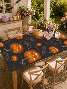 1pc Wrinkle-Resistant Rectangular Halloween Theme Elastic Tablecloth, Pumpkin & Skull Halloween Print Tablecloth, Reusable Party Tablecloth, Suitable For Outdoor Patio Dinner, Halloween Garden Party, Outdoor Autumn Holiday Decor - C - View 6