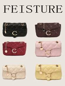 FEISTURE 1pc Solid Color Quilted Embroidered Women's Shoulder Bag, Chain Crossbody Small Square Bag, Suitable For Girls, Women, College Students, New Professionals And White-Collar Workers, Perfect For Work, Business, Commuting, School - Multicolor - View 2