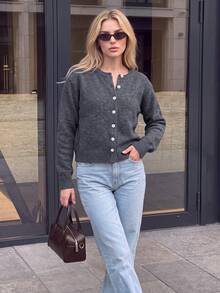 Nicenter Women's Fall Winter Grey Casual Crew Neck Button Front Long Sleeve Wool Blend Sweater Cardigan, Casual Simple For Office Daily Home Date - Grey - View 8