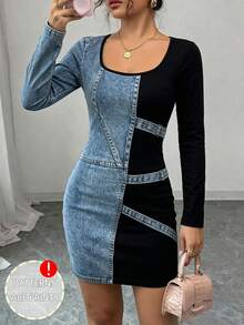 Women's Casual Denim Effect Print Colorblock Long Sleeve Fitted Dress, Party, Elegant, Daily, Holiday Evening Wear, Autumn Outfit, Women's Short Dress - Multicolor - View 7