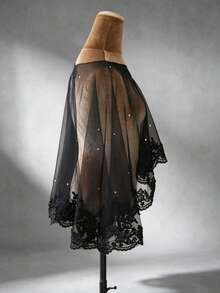 1pc Semi-Sheer Black Soft Tulle Lace Shawl Loose Free Size Short Top Pullover Cover-Up For Dress Wedding Gown - Black - View 4