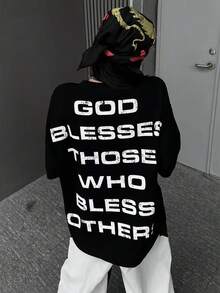 Women's Round Neck Long Sleeve T-Shirt, Spring/Autumn New Letter Print, Fashion Casual Versatile Loose Top - Black - View 1