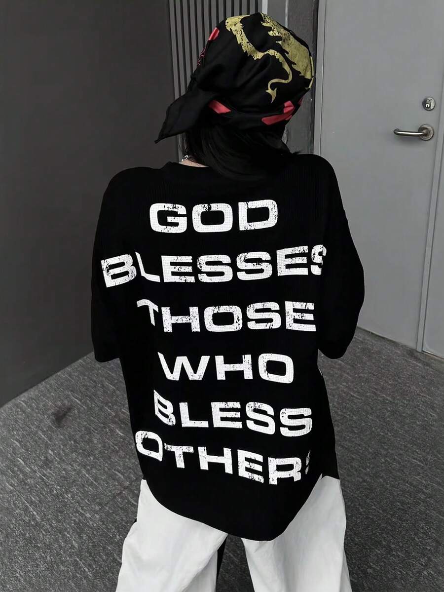 Women's Round Neck Long Sleeve T-Shirt, Spring/Autumn New Letter Print, Fashion Casual Versatile Loose Top - Black - View 1