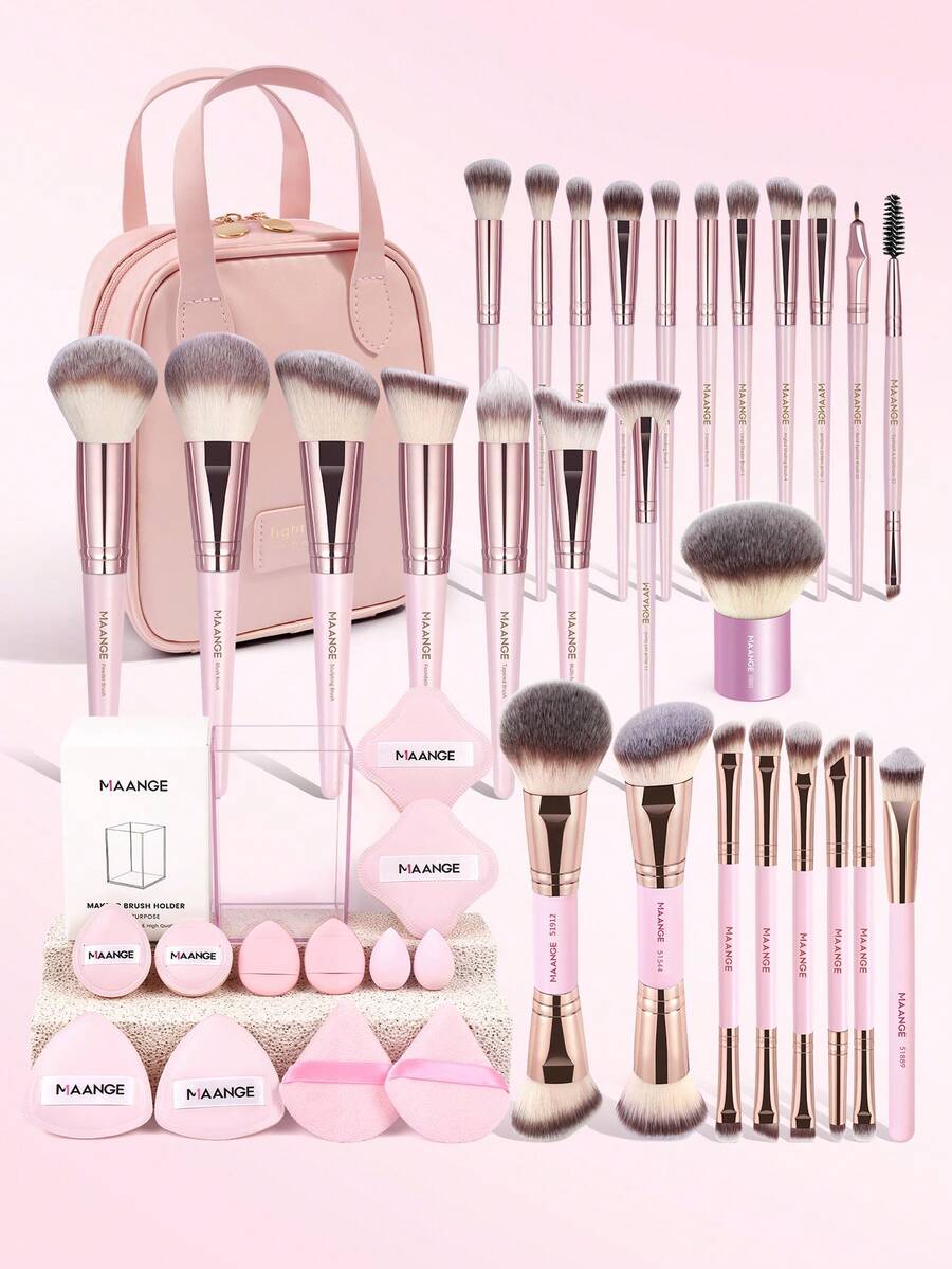 MAANGE 18/41/7pcs Professional Makeup Tool Set, Includes 27pcs Professional Makeup Brush Set + 1 Makeup Bag + 1 Four-Sided Storage Bucket + 12pcs Soft Sponge Set, Suitable As Gift For Women And Girls - Multicolor - View 1