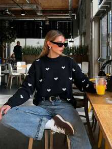 Women's White Crew Neck Heart Graphic Long Sleeve Knit Sweater, Loose Casual Pullover Top For Fall Winter, Cozy Everyday Streetwear Outfit - Black - View 2