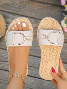 Women's Gold Buckle Woven Embossed Comfortable Lightweight Round Toe Single Strap Beige Flat Slippers Vacation Style Summer Daily Beach Flat Sandals Plus Size - Beige - View 1