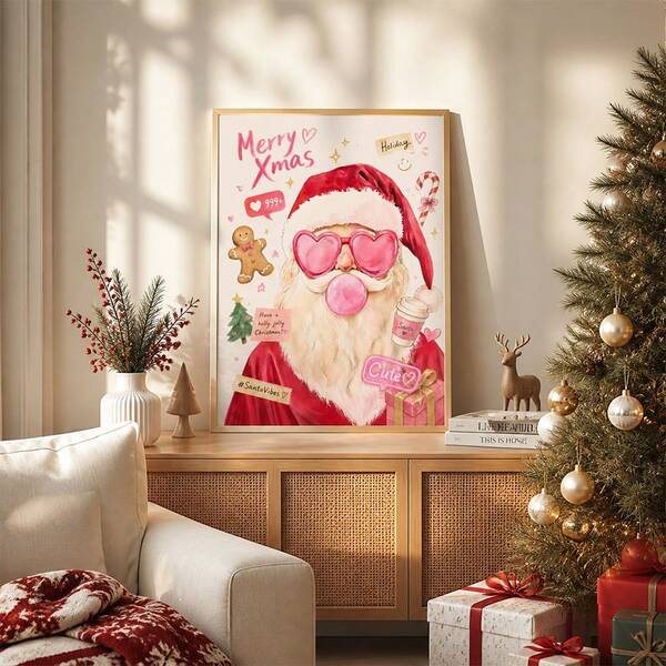 1pc Cute Santa Claus Canvas Wall Art Pink Heart Sunglasses Bubblegum Merry Xmas Print Funny Christmas Decor Painting Kawaii Aesthetic Home Decoration For Bedroom Girls Dorm Room Party Supplies Y2K Holiday Poster Unframed/ Framed/Wooden Hanging