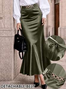 Women's Elegant Polyester A-Line Maxi Skirt With Zipper Detail, Casual Bohemian Style For Party - Mustard Green - View 2