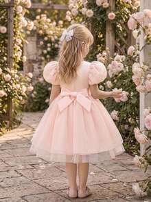 Young Girls Puff Sleeve Faux Pearl Rhinestone Sequin Embroidered 3D Flower Satin Starry Tulle Flower Girl Dress, Headband Not Included - Baby Pink - View 1