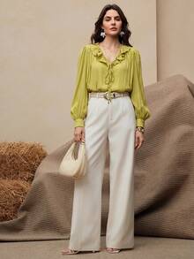 Women's V-Neck Ruffle Green Blouse, Fashion Long Lantern Sleeve Top, Suitable For Various Street And Home Occasions - Lime Green - View 4