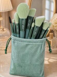 FSJF FIX Green 12-Piece Makeup Brush Set With Halloween Drawstring Storage Pouch, White Handle Rose Gold Tone Face And Eye Brushes For Foundation, Powder, Blush, Eyeshadow, Brows, Daily Beauty Routines, Party Looks, Travel And Makeup Organization - Green - View 7