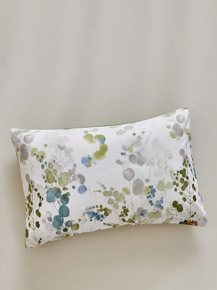 1pc Green Watercolor Plant Print Pillowcase, Simple Fresh Pastoral Style Polyester Decorative Cushion Cover For Sofa, Suitable For All Seasons, Machine Washable, No Filling - Green - View 1