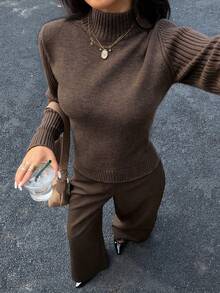 Averia Women's Minimalist Chic Brown Turtleneck Ribbed Slim-Fit Long Sleeve Basic Sweater, Elegant Minimalist Business Daily Outing Top, Fall Winter - Brown - View 7