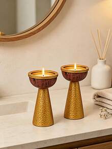 1 Piece Classic Tall Column Candle Holder, Handcrafted Textured Candlestick Ornament For Indoor Home Party Holiday Arrangement - Gold Pedestal Candle Holder - View 3