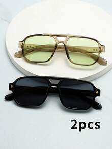 1pc Men's PC Material Classic Square Double Bridge Large Frame Minimalist Personalized Fashion Glasses, Suitable For Party, Casual, Vacation, Travel, Beach, Daily Decoration - 2-piece Combo Pack (green + Black) - View 2