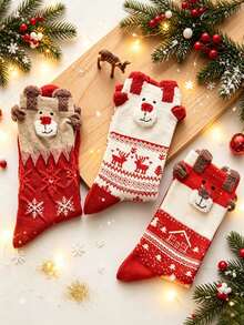 1/3/6Pairs Mixed Color Pack Autumn Winter Christmas Socks Santa Claus Gift Snowflake Reindeer Cute Cartoon Mid-Calf Socks Holiday Limited Edition Warm Breathable - Multicolor - View 6