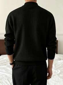 Men's Autumn/Winter Minimalist Ribbed Solid Color Fashion Casual Mock Neck Long Sleeve Sweater - Black - View 5