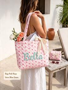 1pc Personalized Name Quilted Plaid Tote Bag, Customized Checkered Shoulder Bag, Bridesmaid Gift, Embroidered Name, Lightweight Shopping Handbag - Multicolor - View 5