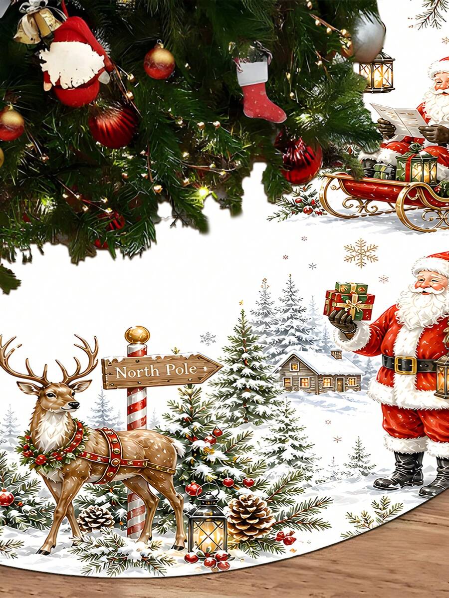 1/100Pcs Christmas Theme Christmas Tree Skirt, Christmas Snowman & Reindeer Theme, Round Base, Diameter 60/90CM Optional; Suitable For Winter Party And Home Holiday Decoration, Ideal Christmas Tree Decor. - Multicolor - View 1