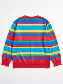 1pc Tween Girl Rainbow 4-Color Horizontal Striped Crew Neck Sweatshirt, Vibrant Contrast Color Loose Fit Unisex Tween Girl Spring Autumn Basic Casual Long Sleeve Top - Red - View 5