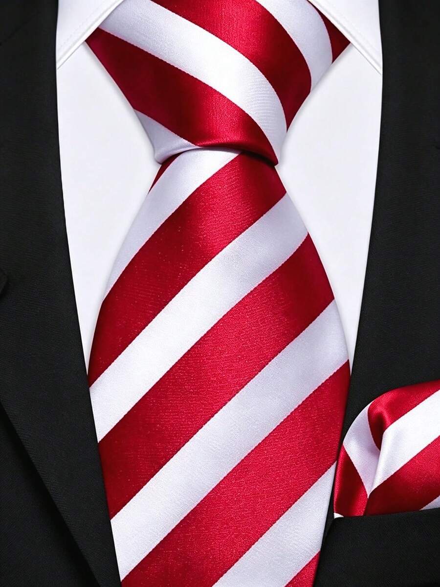Men's Tie Set, Classic Fashion Tie & Pocket Square Set, Suitable For Weddings, Business And Banquets - Red and White - View 1