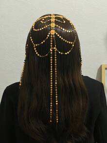 1pc Vintage Arabic Bridal Gold-Plated Multi-Layer Sequin Floral Tassel Head Chain, Women's Wedding Evening Party Costume Accessory - Golden - View 6