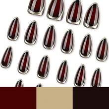 24pcs Medium-Long 3D Burgundy Gold Trim French Style Autumn/Winter Minimalist Gilded Almond Nails + 1pc Jelly Glue + 1pc Nail File - Multicolor - View 7