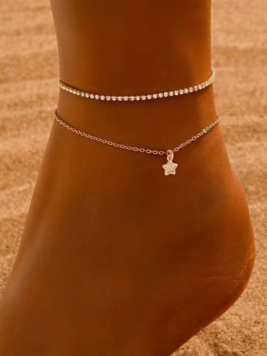 Nooxian 2pcs/Set Minimalist Vacation Style Five-Point Star Pendant Anklet Layered Rhinestone Studded Anklet Set For Women - Yellow Gold - View 1