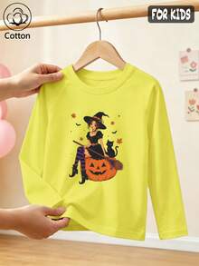 Halloween Girls Cotton Raglan Long Sleeve Tee, Witch Pumpkin Black Cat Print, Cute Sweet Preppy Style - Bright Yellow - View 1