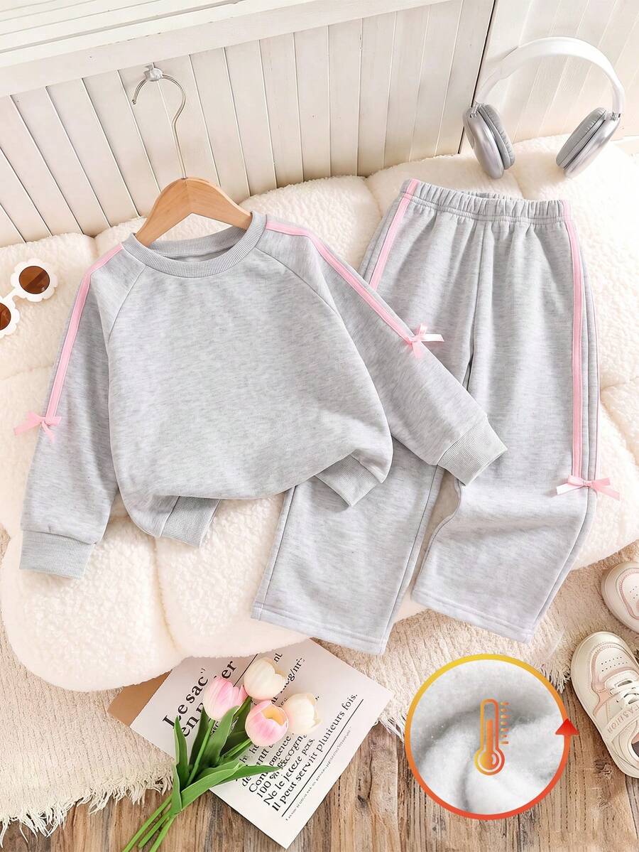 Setelan Kasual Segar 2 Potong untuk Anak Perempuan dengan Dekorasi Pita, Sweatshirt Longgar Leher Bulat dan Celana Panjang Lebar, Musim Semi/Gugur - Grey - View 1