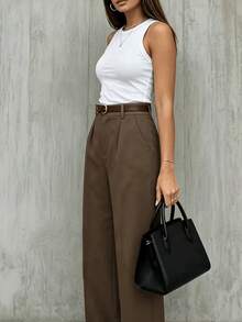 Women's High Waist Pleated Casual & Office Pants, Loose Fit Suitable For Work And Casual Wear - Brown - View 4