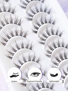10 Pairs Japanese Korean Asian Style Short False Eyelashes, Natural Segmented Manga Style False Eyelashes - Black - View 4